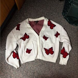 Forever 21 Cream and Red Butterfly Cardigan